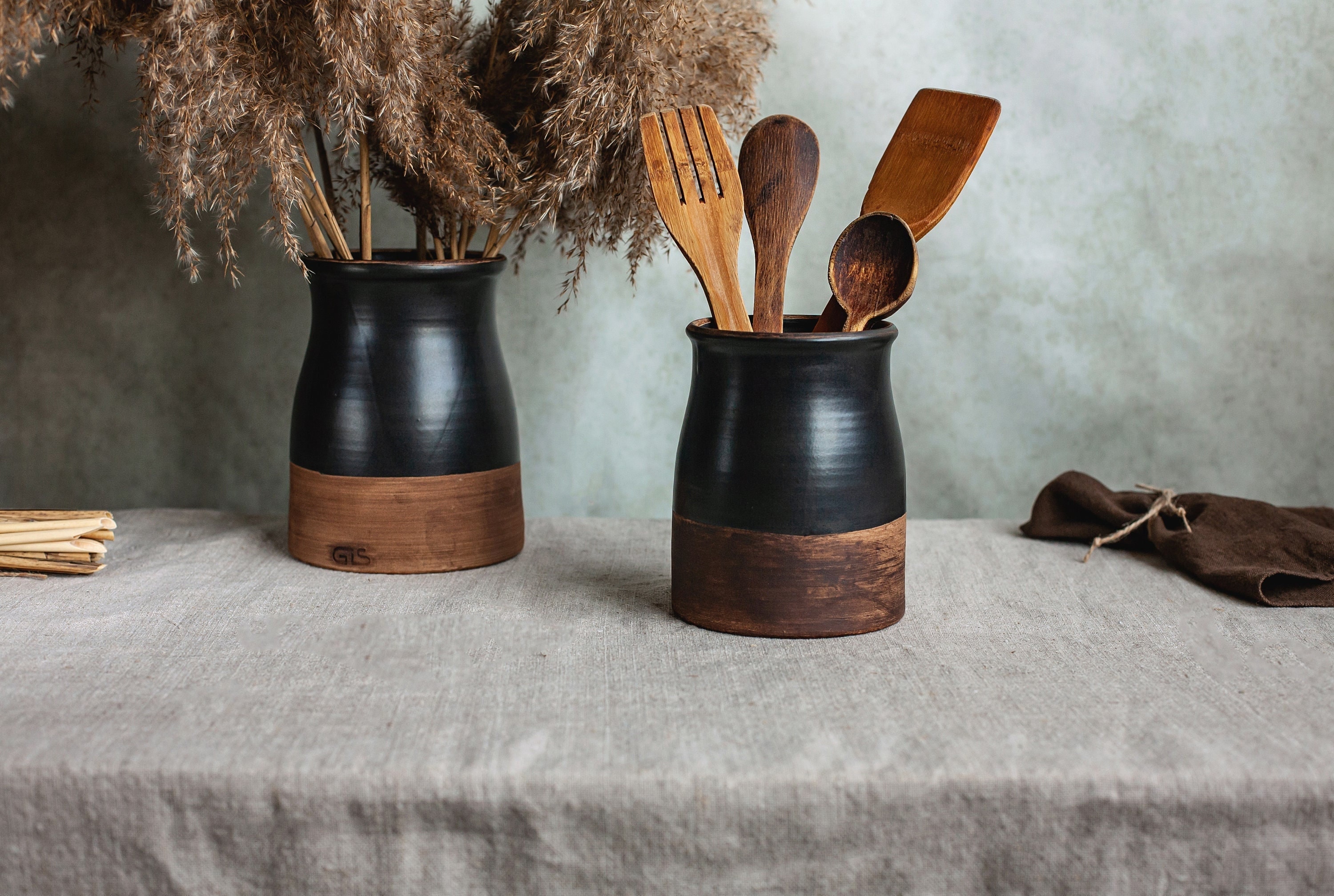 Large Utensils Holder In Sleek Matte Black With Rustic Wooden Base For Modern Kitchens Spacious Rustproof Organizer Countertop Essentials More W113372315