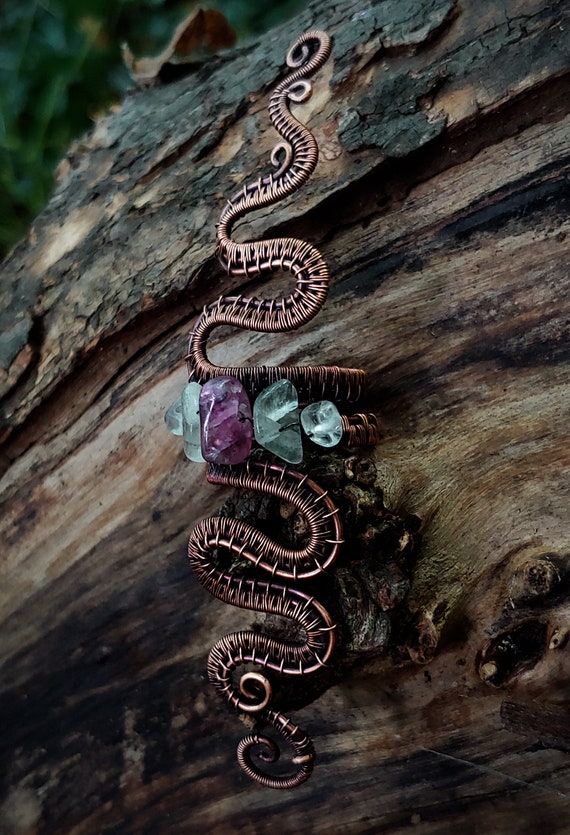 unisex witchy pirate Wire wrap snake steampunk dark gothic goth witch copper witchcraft Fluorite ring wire jewelry wicca