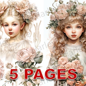 Viktorianisches kleines Mädchen druckbare Ephemera Aquarell Clipart 20 JPG Elemente kommerzielle Lizenz Junk Journal digitaler Download Baby Kinder