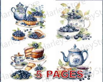 Blueberry and Cake Printable Ephemera Watercolor JPG Elements Commercial License Junk Journal Digital Download Birthday Berry A80