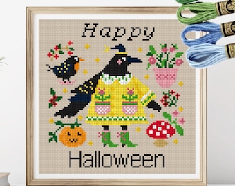 Wzór haftu krzyżykowego „Retro Halloween Crow” w formacie PDF do natychmiastowego pobrania