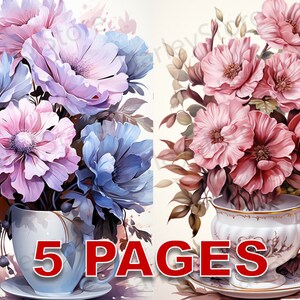 Teacup Flowers Ephemera Junk Journal Watercolor Clipart 20JPG Elements Commercial License Printable Digital Download Card Pink Blue Rose C73