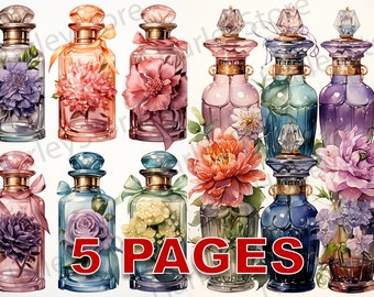 Vintage Perfume Bottles Junk Journal Ephemera Flowers Printable Watercolor Clipart 20 JPG Elements Commercial License Digital Download Set