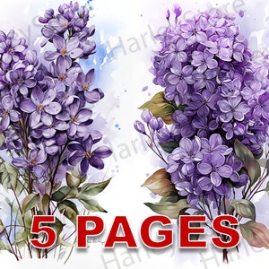 Lilac Flowers Ephemera Junk Journal Watercolor Clipart 20 JPG Elements Commercial License Printable Digital Download Beautiful Purple Violet