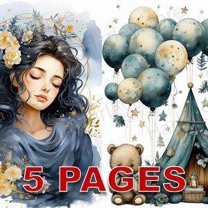 Gute Nacht Kinder Kinder Postkarte druckbare Ephemera Aquarell Clipart 20 JPG Elemente kommerzielle Lizenz Junk Journal digitaler Download