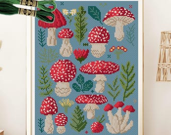 Wzór haftu krzyżykowego Vintage Mushroom Sampler w formacie PDF do natychmiastowego pobrania