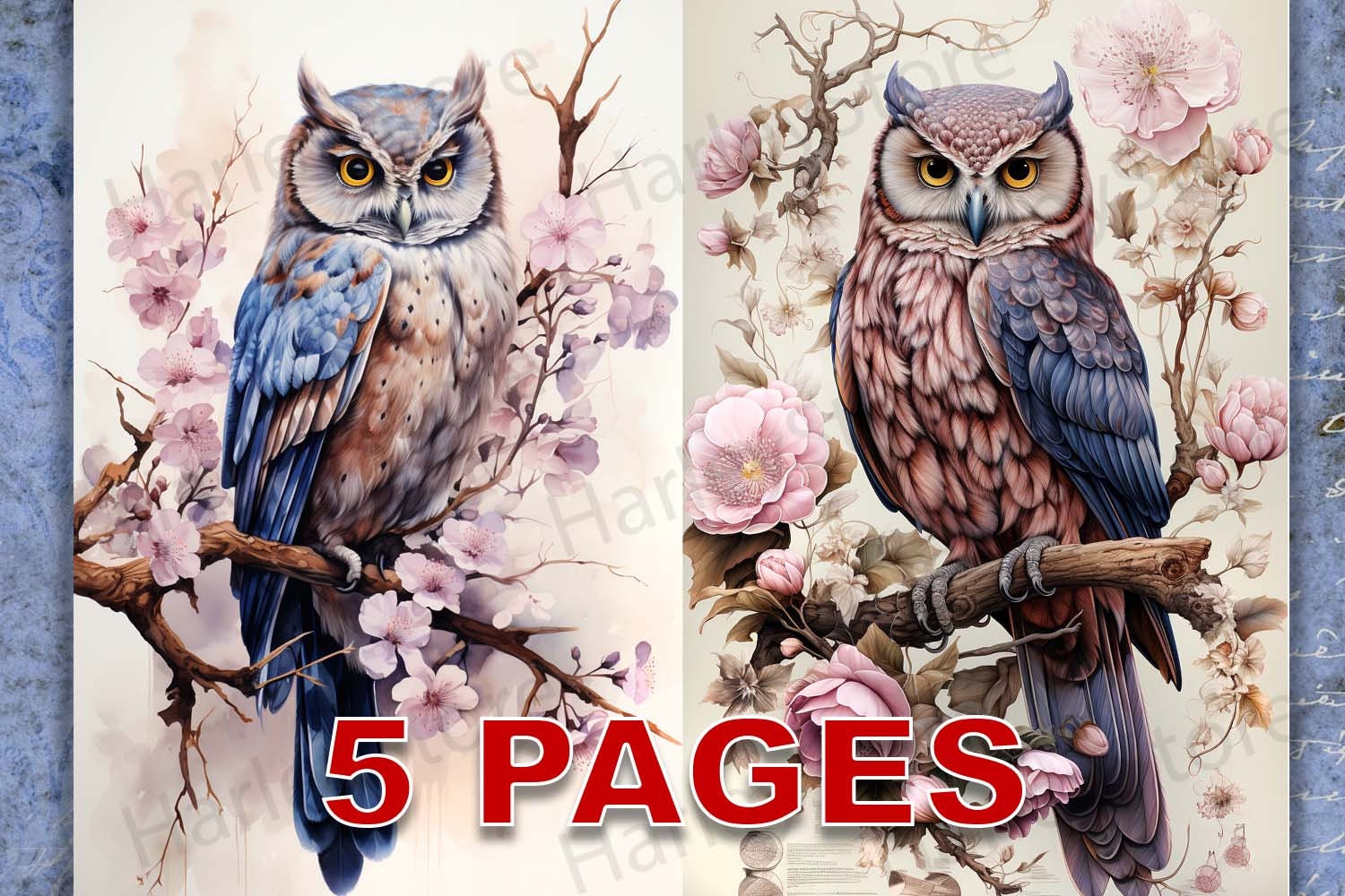 Gorgeous Owls and Flowers Printable Ephemera Watercolor Clipart 20 JPG Elements Commercial License J