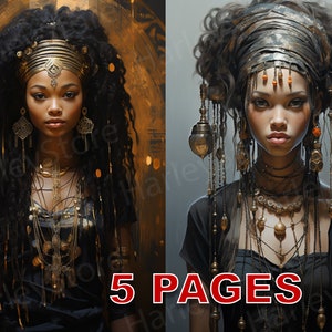 Puede incluir: Dos retratos de una persona con cabello oscuro y rizado que lleva una diadema dorada y varios collares dorados. La persona de la izquierda lleva una camisa negra y la persona de la derecha lleva un vestido negro. El texto "5 PAGES" está en letras rojas en la parte inferior de la imagen.