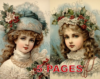 Wiktoriańska dziewczyna z Bożego Narodzenia, vintage, dziennik śmieci, akwarela, clipart, elementy JPG, licencja komercyjna, do druku, cyfrowa pocztówka A181