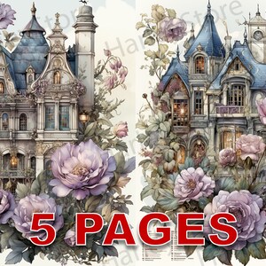 Francuski Dom Różany Ephemera Junk Journal Akwarela Clipart 20 JPG Elements Licencja Komercyjna Do Wydrukowania Cyfrowe Pobieranie Karty Róże Kwiaty