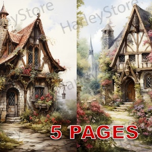 Cottage House Ephemera Junk Journal Akwarela Clipart JPG Elementy Licencja komercyjna Do druku Cyfrowe pobieranie Karta Róże Kwiaty A193