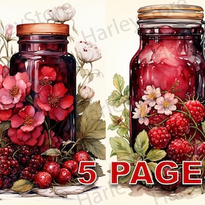 Berry Jam Jar Printable Ephemera Watercolor JPG Elements Commercial License Junk Journal Digital Download Birthday Raspberry Cherry A09