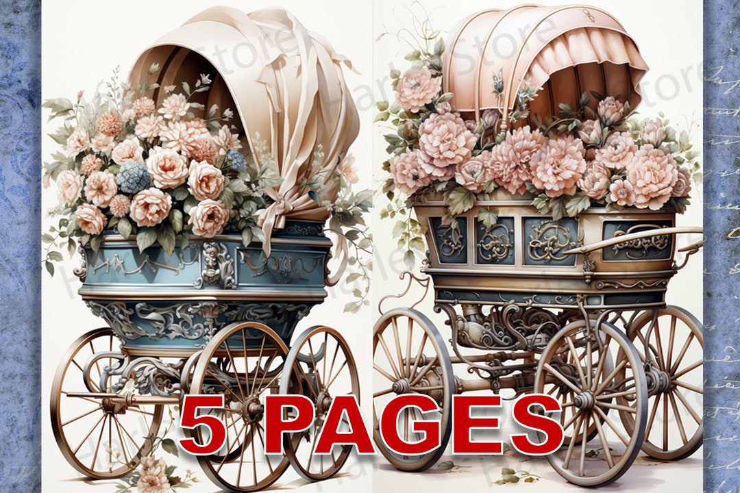 Victorian Baby Carriage Printable Ephemera Watercolor 20 JPG Elements ...