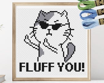 Wzór haftu krzyżykowego „Fluff You Funny Cat” do pobrania w formacie PDF