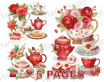 Ciasto Truskawkowe i Kwiaty Wydrukuj Ephemera Akwarela Elementy JPG Licencja Komercyjna Dziennik Śmieci Cyfrowe Pobieranie Polka Dot Teapot A100