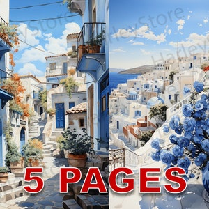 Santorini Grecia viaje postal imprimible Ephemera acuarela Clipart 20 JPG elementos licencia comercial diario basura descarga Digital