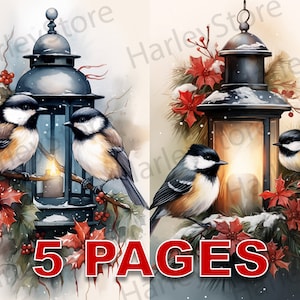 Mésange de Noël et lanterne Ephemera Junk Journal aquarelle Clipart 20 éléments JPG licence commerciale carte de téléchargement numérique imprimable