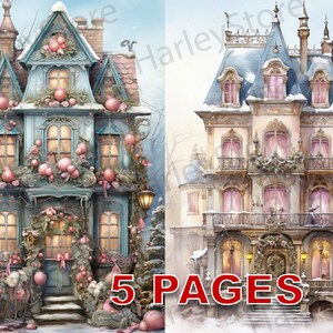 Casa de Navidad francesa Ephemera Junk Journal Acuarela Clipart JPG Elementos Licencia comercial Tarjeta de descarga digital imprimible Invierno A186