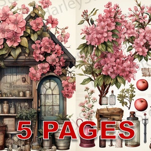 Sakura Blumen Ephemera Junk Journal Aquarell Clipart 20 JPG Elemente kommerzielle Lizenz druckbare digitale Download Karte Rosa Vintage C33