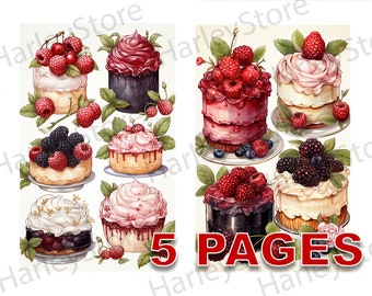 Berry Cream Dessert Cake Printable Ephemera Watercolor JPG Elements Commercial License Junk Journal Digital Download Birthday Raspberry A17