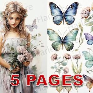 Farfalle Fata Ragazze Stampabile Ephemera Acquerello Clipart 20 JPG Elementi Licenza commerciale Junk Journal Download digitale