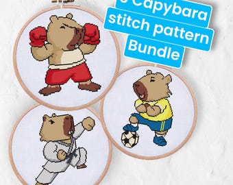 3 Sportowy zestaw kapibara Wzór haftu krzyżykowego ŁATWY schemat liczenia PDF Natychmiastowe pobranie Bokser, piłkarz i karateka