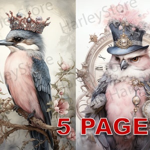 May include: Two whimsical illustrations of birds wearing elaborate hats. The first bird is a pink and gray bird with a crown on its head. The second bird is a pink and gray owl wearing a top hat with a clock face on the side. The text "5 PAGES" is printed in red at the bottom of the image.