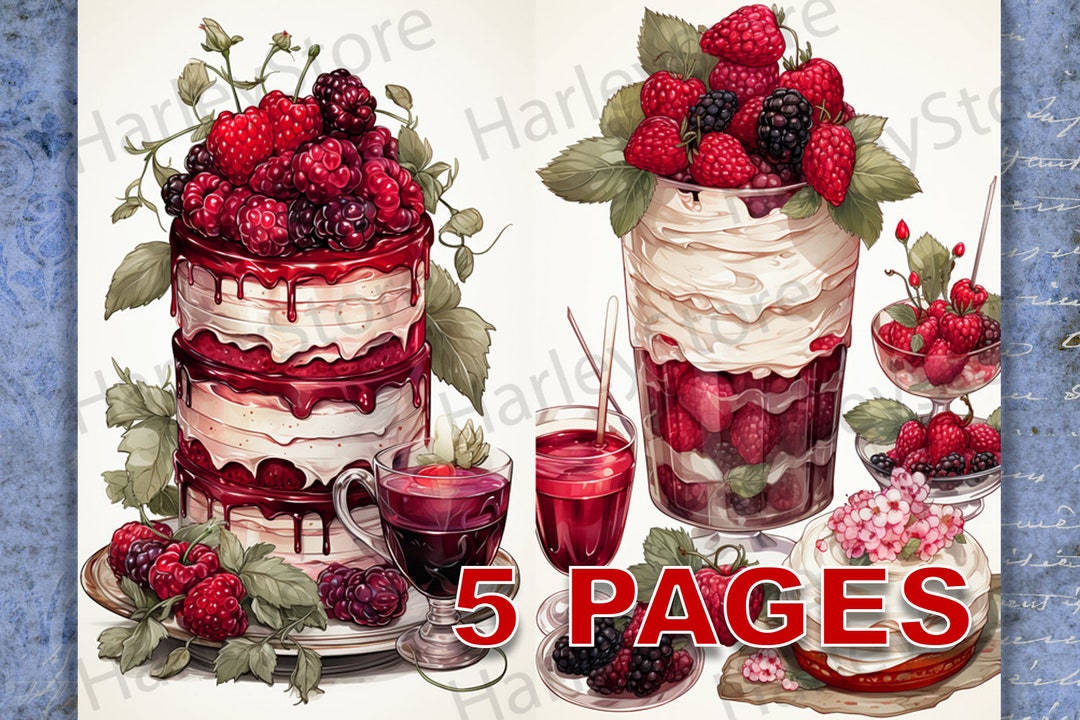 Berry Cake Dessert Printable Ephemera Watercolor Clipart 20 JPG ...