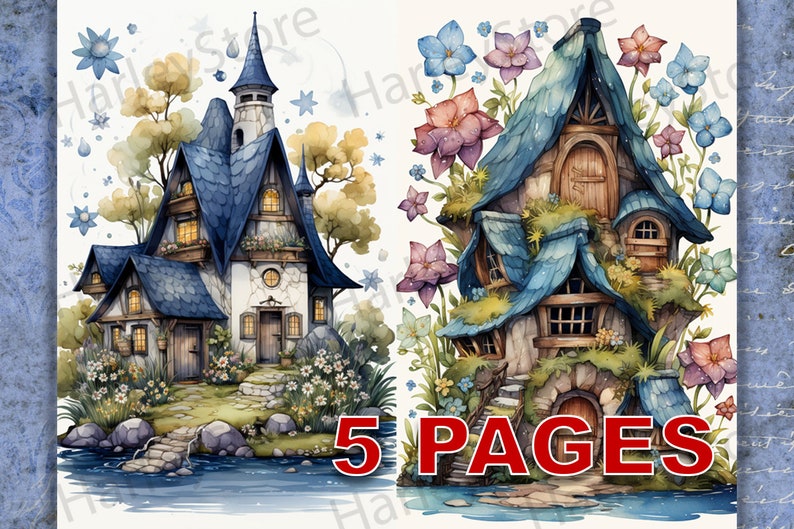 Fairy House Ephemera Junk Journal Watercolor Clipart 20 JPG Elements Commercial License Printable Digital Download Card Roses Flowers A06 image 1