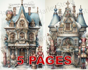 French Christmas House Ephemera Junk Journal Watercolor Clipart 20 JPG Elements Commercial License Printable Digital Download Card Winter
