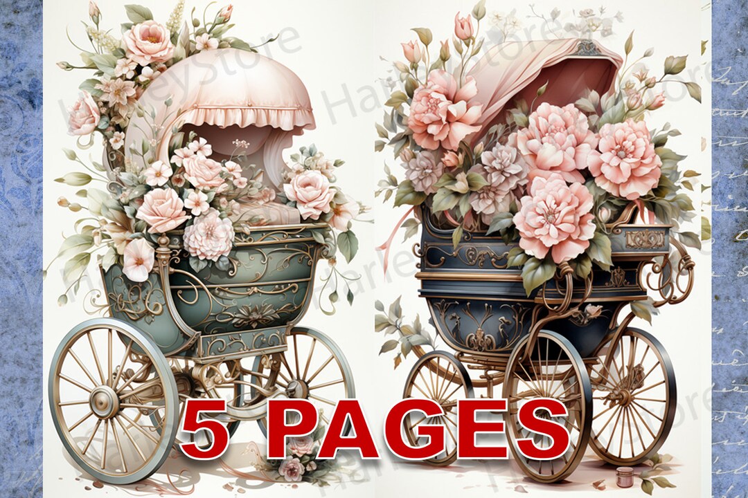 Victorian Baby Carriage Printable Ephemera Watercolor 20 JPG Elements ...