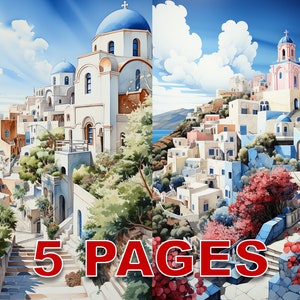 Santorini Greece Travel Postcard Printable Ephemera Acquerello Clipart 20 JPG Elements Licenza commerciale Junk Journal Download digitale