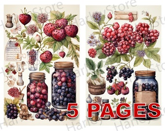 Berry Jam Jar Printable Ephemera Watercolor JPG Elements Commercial License Junk Journal Digital Download Birthday Raspberry Cherry A10