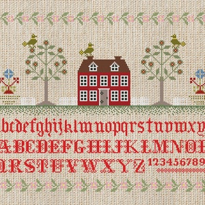 Cute Little Red House Sampler Counted Cross Stitch Chart PDF Instant Download