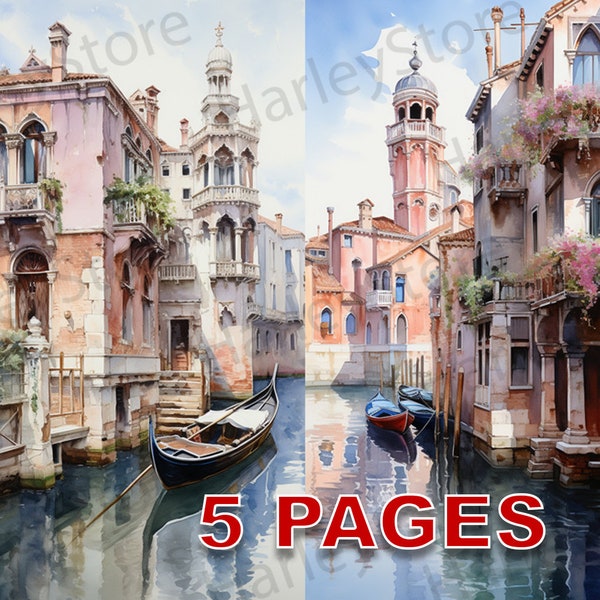 Venice Italy Postcard Printable Ephemera Watercolor Clipart JPG Elements Commercial License Junk Journal Digital Download Travel A222