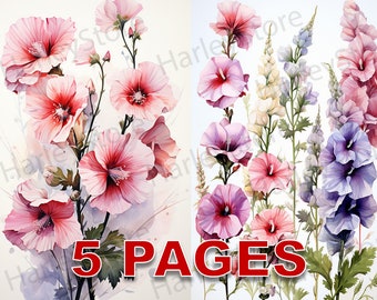 Kwiat Malwy Kolorowy Wydrukowany Ephemera Akwarela Clipart 20 JPG Elements Licencja Komercyjna Junk Journal Pobieranie Cyfrowe