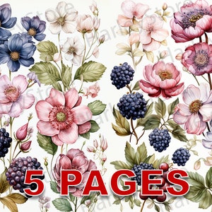Bayas y flores Ephemera Junk Journal Acuarela Clipart 20 JPG Elementos Licencia comercial Descarga digital imprimible Rosa rosa azul