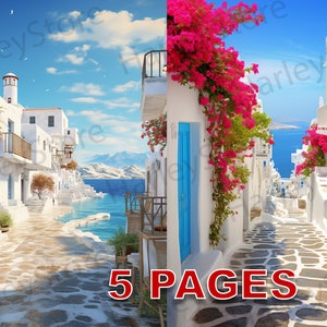 Santorini Griechenland Postkarte druckbare Ephemera Aquarell Clipart JPG Elemente kommerzielle Lizenz Junk Journal digitaler Download Reise A224