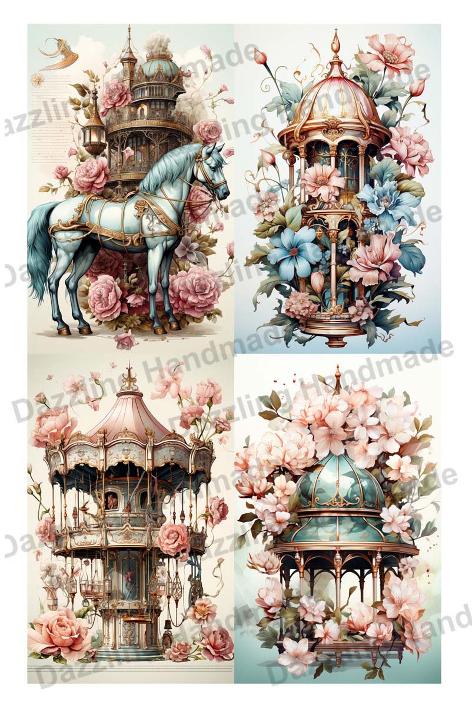 Shabby Chic Carousel Flowers Printable Ephemera Watercolor Clipart 20 ...