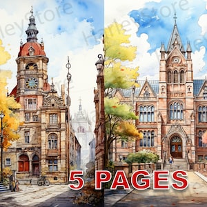 Carte postale de ville européenne imprimable éphémères aquarelle Clipart JPG éléments licence commerciale Junk Journal téléchargement numérique voyage A248