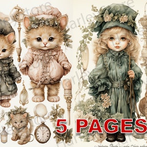 Viktorianische kleine Mädchen und Katzen Ephemera Junk Journal Aquarell Clipart 20 JPG Elemente kommerzielle Lizenz druckbare digitaler Download A37