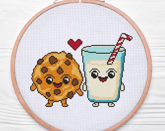 Wzór haftu krzyżykowego Kawaii Ciasteczko i Mleko, tabela do natychmiastowego pobrania w formacie PDF