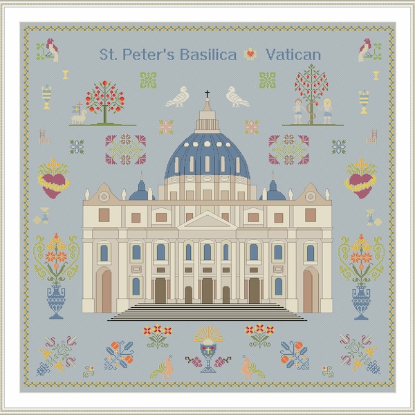 St. Peter's Basilica in Vatican Sampler Counted Cross Stitch Chart PDF Instant Download Beautiful High Quality Pattern Christian Catholic