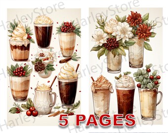 Hot Chocolate Coffee Drink Latte Printable Ephemera Watercolor Clipart JPG Elements Commercial License Junk Journal Digital Download A93