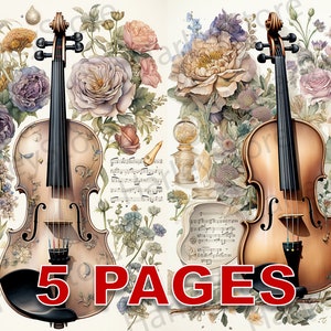 Violino e fiori Ephemera stampabile Acquerello Clipart 20 JPG Elementi Licenza commerciale Junk Journal Download digitale Vintage vittoriano