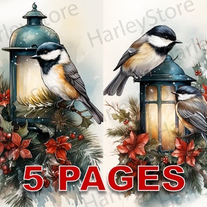 Mésange de Noël et lanterne Ephemera Junk Journal aquarelle Clipart 20 éléments JPG licence commerciale carte de téléchargement numérique imprimable