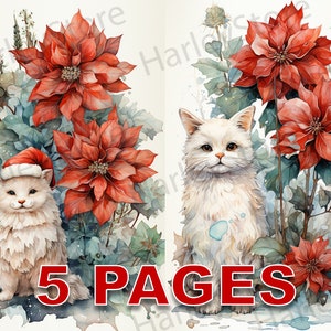 Katze und Weihnachtsstern Weihnachten Ephemera Junk Journal Aquarell Clipart 20 JPG Elemente kommerzielle Lizenz druckbare digitaler Download Postkarte