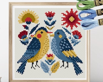 Schemat haftu krzyżykowego „Retro Folk Bird” w formacie PDF do natychmiastowego pobrania
