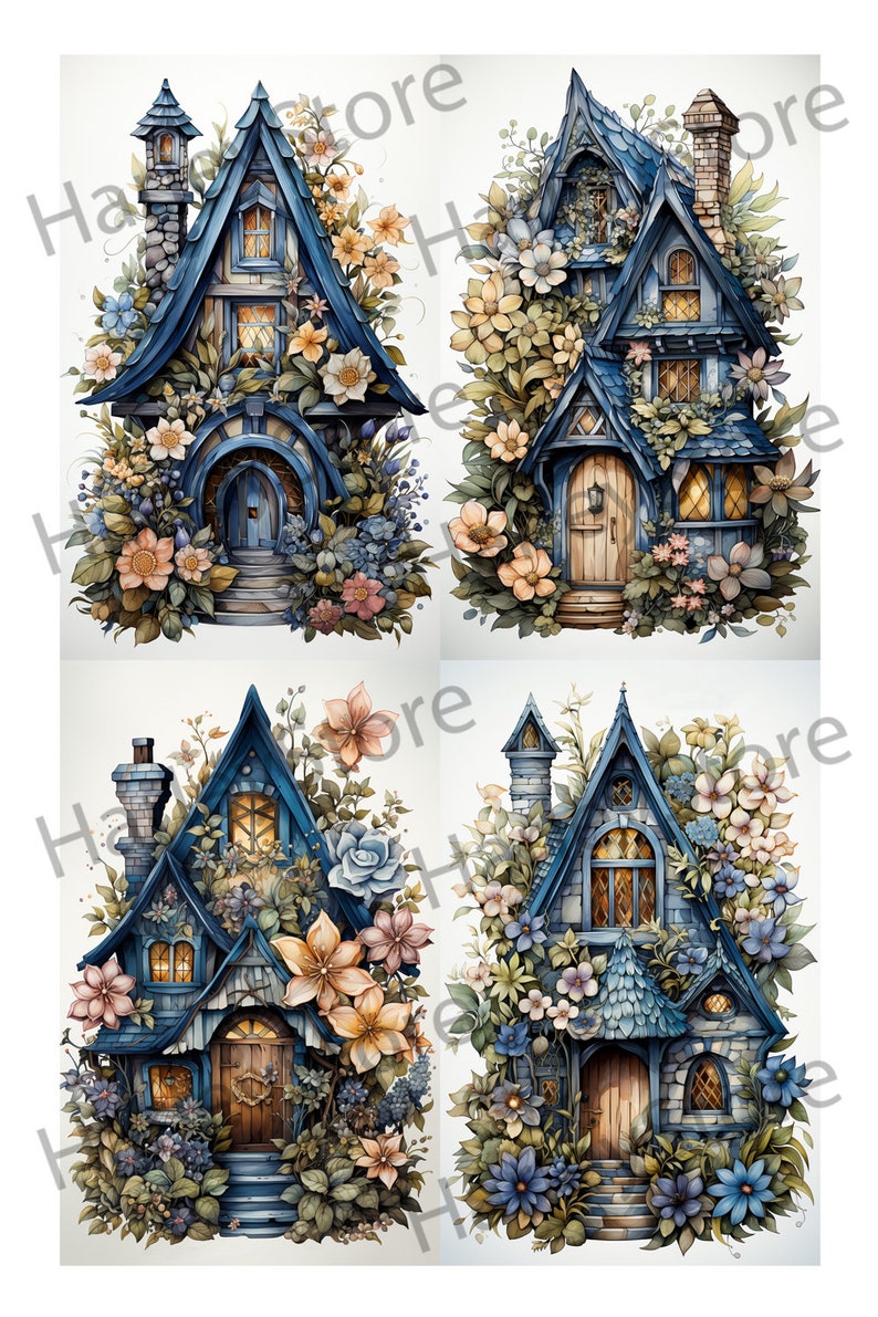 Fairy House Ephemera Junk Journal Watercolor Clipart 20 JPG Elements Commercial License Printable Digital Download Card Roses Flowers A06 image 4