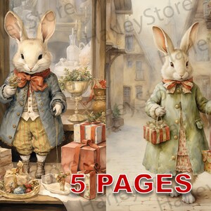 Victoriaanse kerstinkopen Vintage Bunny Afdrukbare Ephemera Aquarel JPG Elements Commerciële Licentie Junk Journal Digitale Download A189